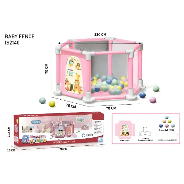 Baby Play Fence Hexagon with 40 Balls-Pink  - (PAIS05)