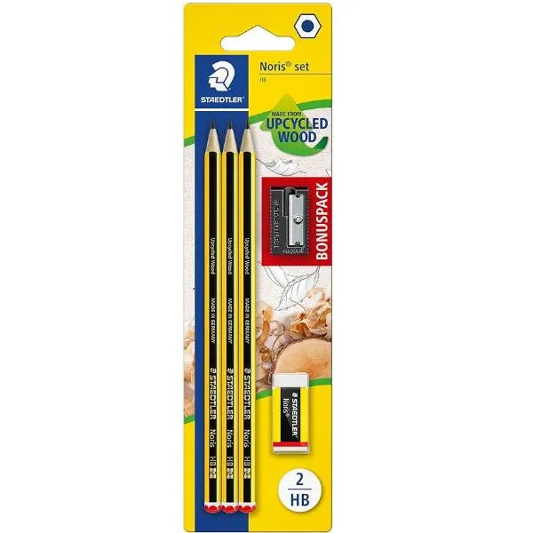 Staedtler Noris HB Hexagonal Pencils – Set of 3 (Includes 1 Sharpener & 1 Eraser)