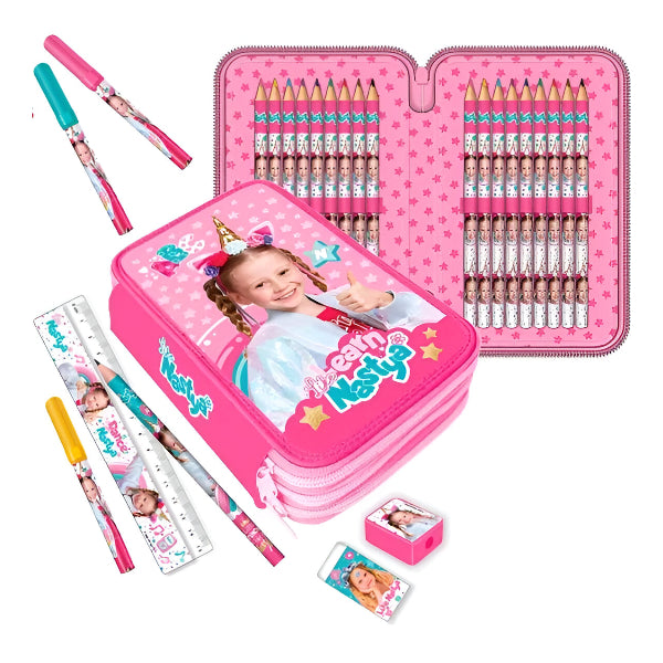Like Nastya 3-Zipper Pencil Case – Complete Stationery Set For Kids
