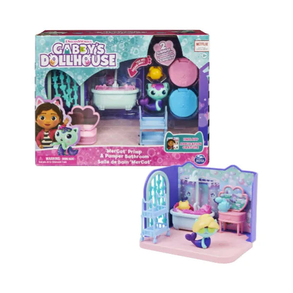 Gabby’s Primp and Pamper Bathroom with MerCat Figure Dollhouse Playset