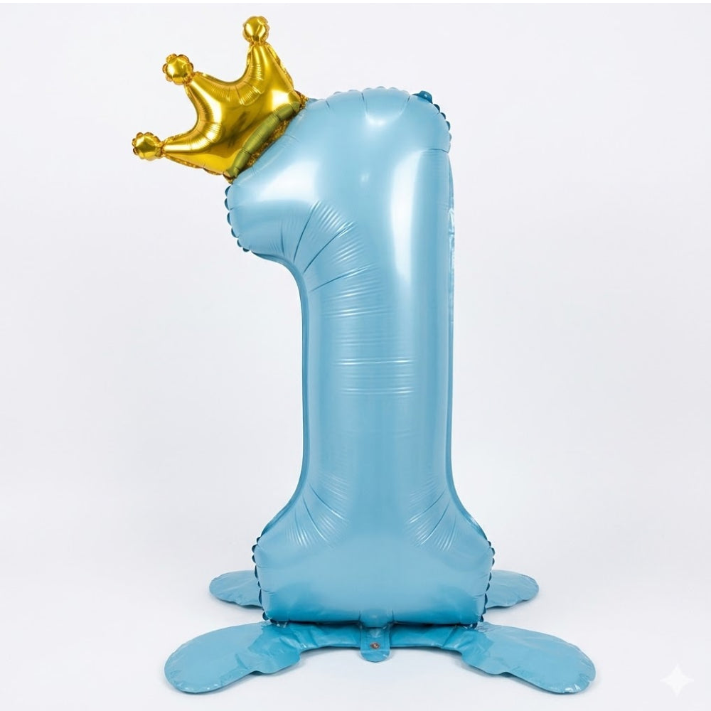 Birthday Party Decoration 32 Inch Baby Blue Foil Balloon With Gold Crown -Number 1 With Helium
