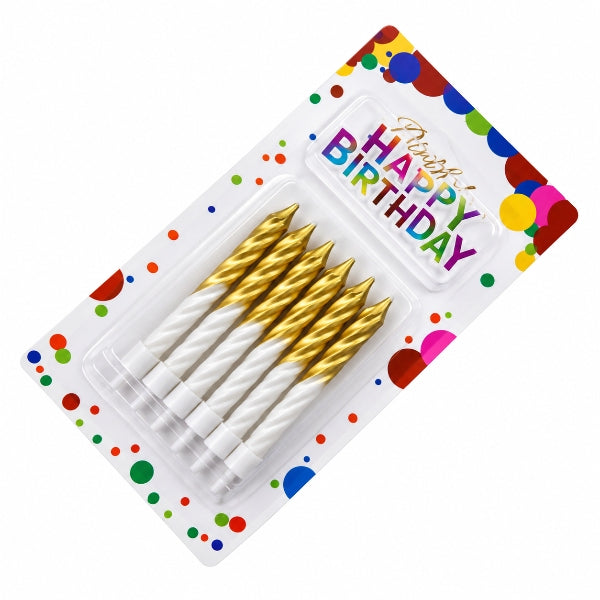 Gold and White Twisted Cake Candles, Set of 6