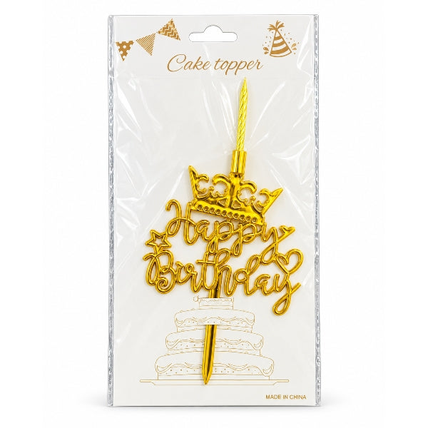 Happy Birthday Gold Cake Topper with Candle