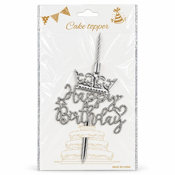 Happy Birthday Silver Cake Topper with Candle
