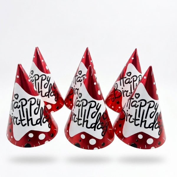 Premium Red Metallic Happy Birthday Party Cap Pack Of 6