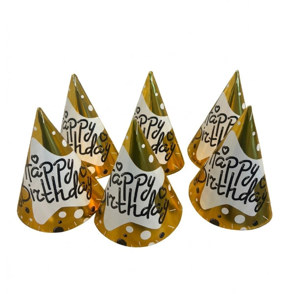 Premium Gold Metallic Happy Birthday Party Cap Pack Of 6