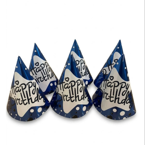 Premium Blue Metallic Happy Birthday Party Cap Pack Of 6