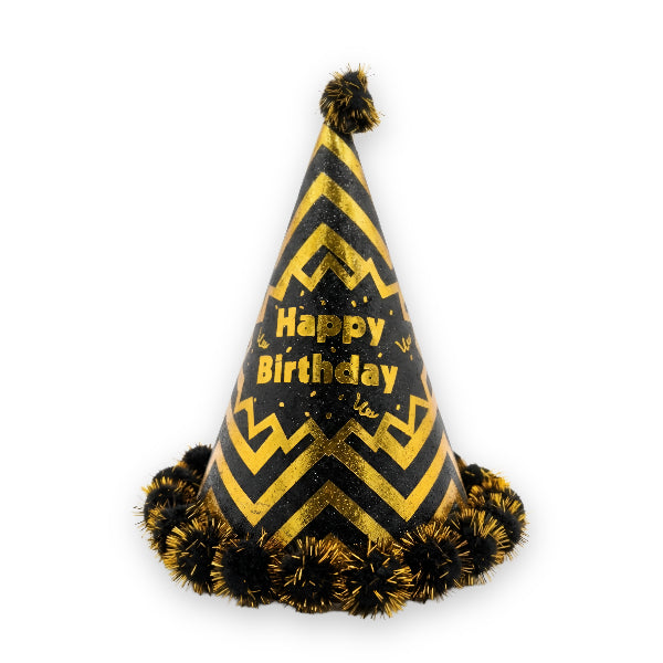 Black & Gold Happy Birthday Party Cap - 24Cm
