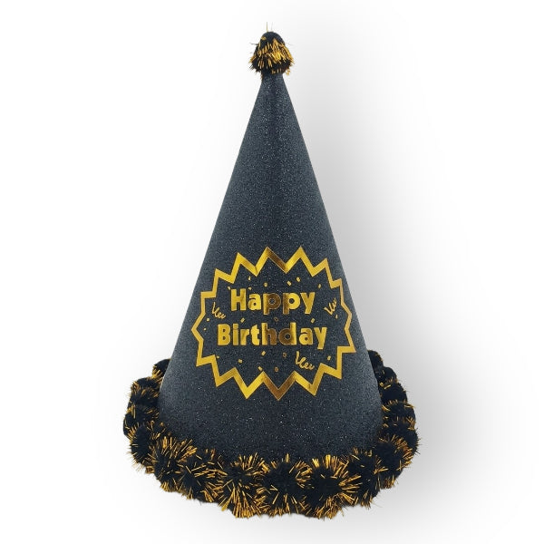 Happy Birthday Glitter Party Cap - Black 24Cm