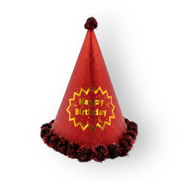 Happy Birthday Glitter Party Cap - Red 24Cm