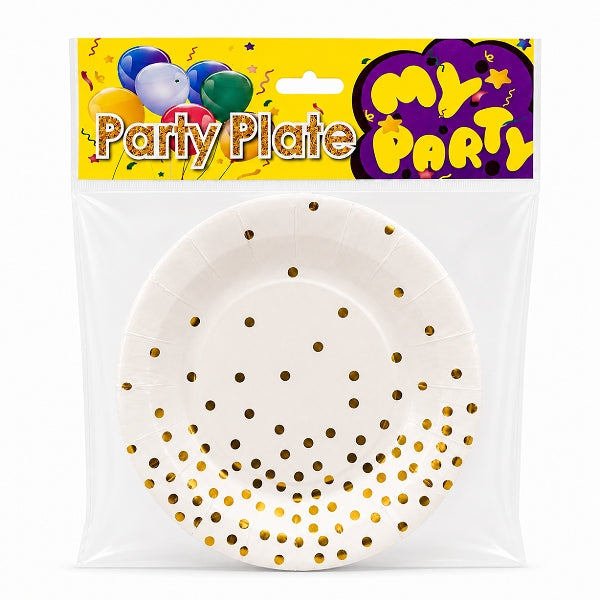 Elegant White Disposable Party Plates With Gold Dots – 7 Inch, Pack Of 6