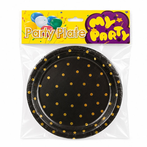 Black & Gold Dot Party Plates – 7-Inch Disposable Paper Plates, Pack Of 6