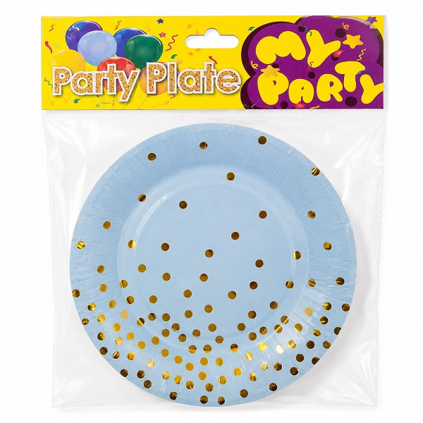 Light Blue & Gold Dot Party Plates – 7-Inch Disposable Paper Plates, Pack Of 6