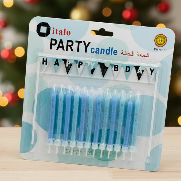 Happy Birthday Blue Candle & Decoration Set – 12 Pcs