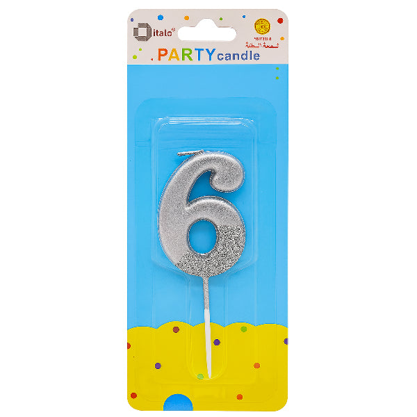 Half-Glitter Silver Number 6 Candle – Perfect For Parties