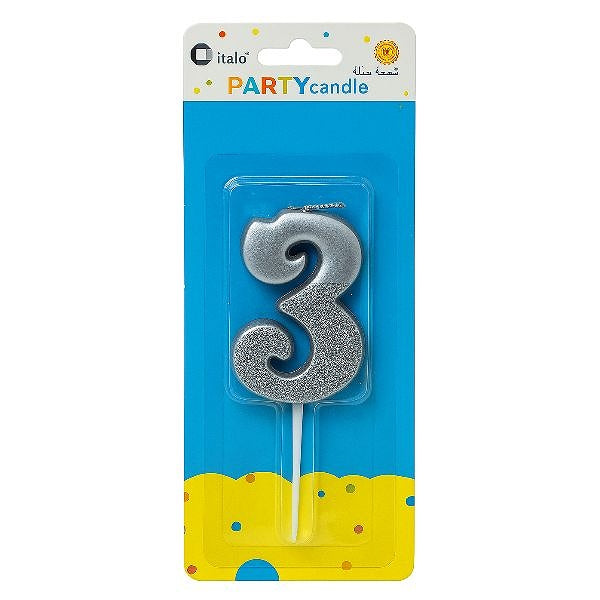 Half-Glitter Silver Number 3 Candle – Perfect For Parties