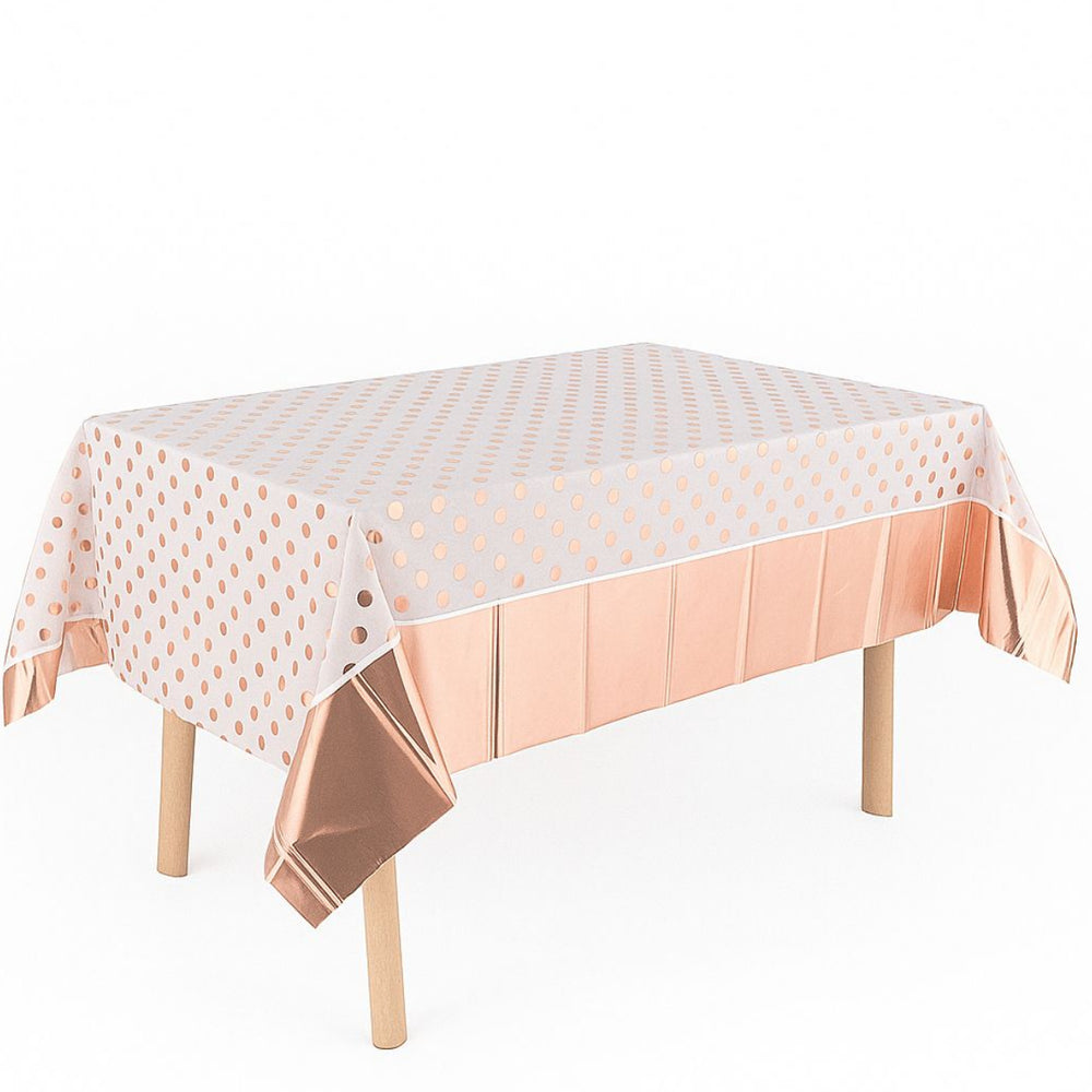 Rose Gold Polka Dot Plastic Tablecloth – 54 x 72 in Metallic Foil Party Table Cover - (PIQL407)