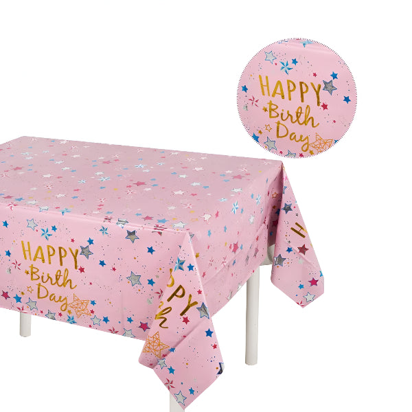 Happy Birthday Design Party Tableware Pink  – 54 x 72 Inch  - (PIQL409)