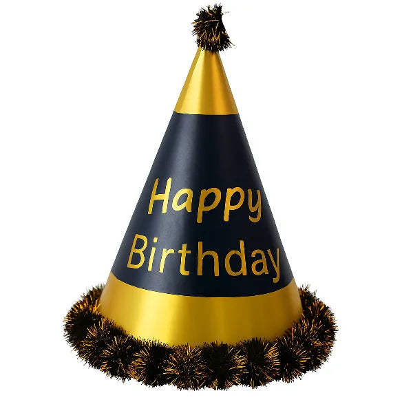 Happy Birthday Black & Gold Cone-Shaped Party Cap – 9 cm