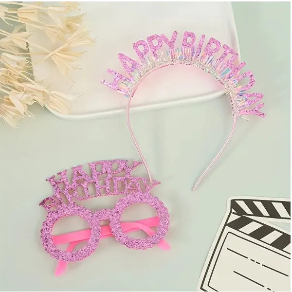 Happy Birthday Party Glitter Golden Wire Letter Headband Glasses Set -Pink