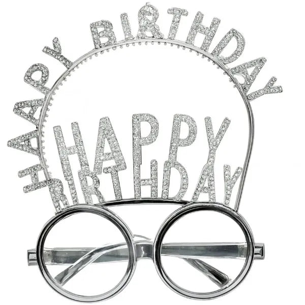 Happy Birthday Party Celebration Eye Glasses with Headband -Silver
