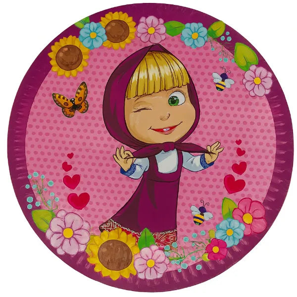 Masha Themed Party Round Disposable Plates-Pack Of 6 Pieces- Large Size