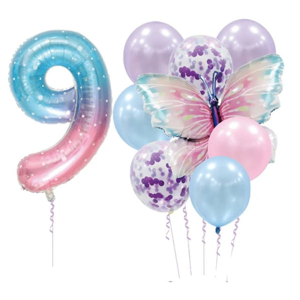 Deluxe Balloon Party Decoration Kit With Butterfly-Number 9 With Helium