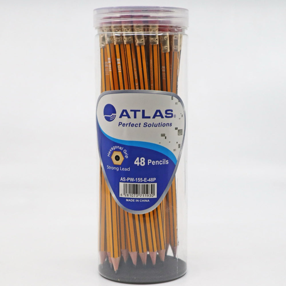 Atlas Hb Pencils With Erasers – 48 Pieces In Storage Tube