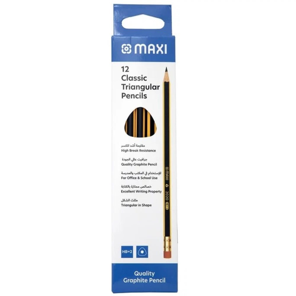 Maxi Classic Triangular Hb Graphite Pencils With Eraser – 12 Pieces
