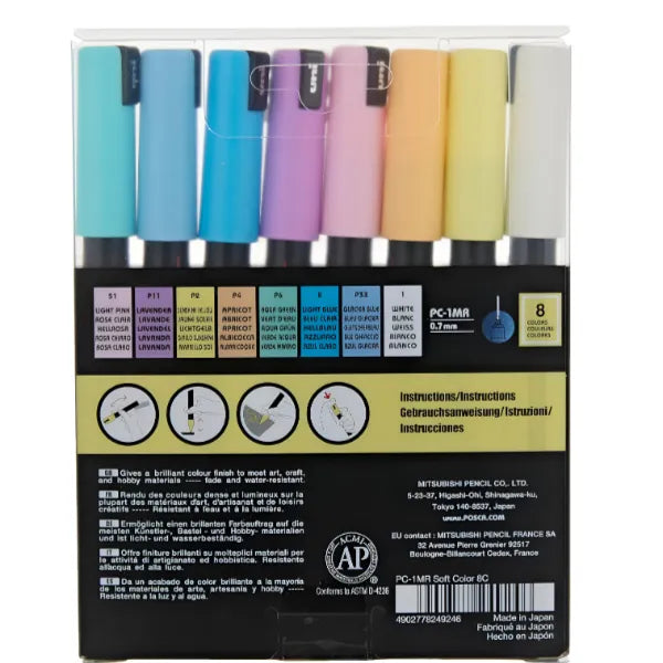 UNI Posca Acrylic Paint Soft Colours  Fine Marker Set Of 8 Colours PC-1M alternate