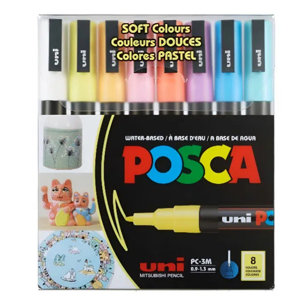 UNI Posca Acrylic Paint Soft Colours  Fine Marker Set Of 8 Colours PC-3M