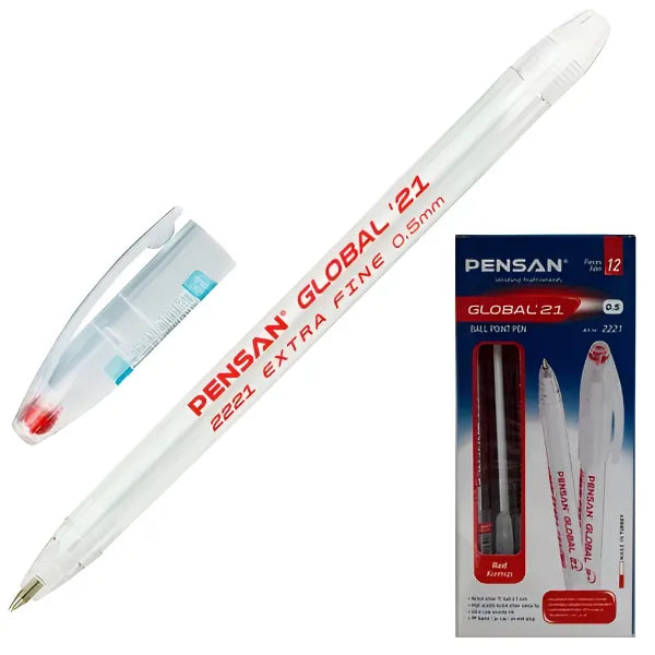 Pensan Global Extra Fine 0.5mm Red Ballpoint Pen-Pack Of 12 Pieces