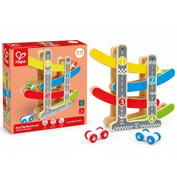 Hape Kids Wooden Racing Track with Flip Cars