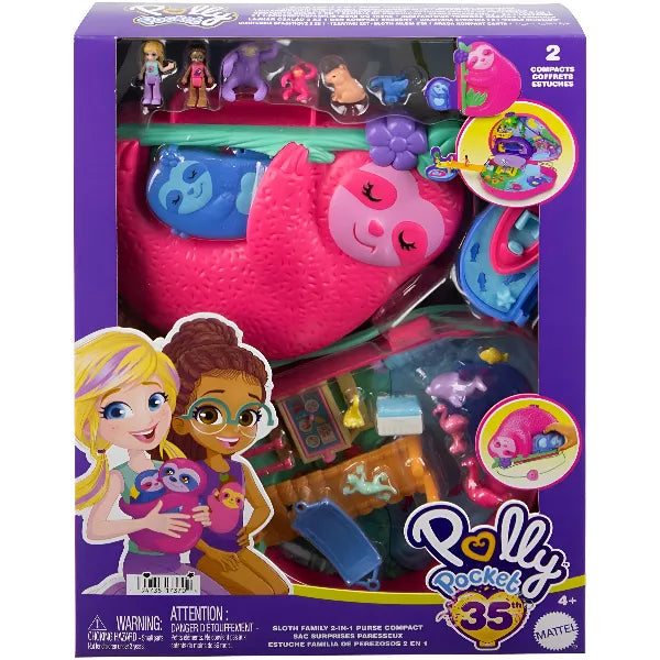 Polly Pocket Sloth Family 2-in-1 Purse Compact – Dolls & Travel Playset