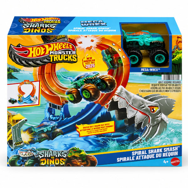 Hot Wheels Monster Trucks Corkscrew Shark Smash Track Set With 1:64 Scale Mega-Wrex Toy Truck
