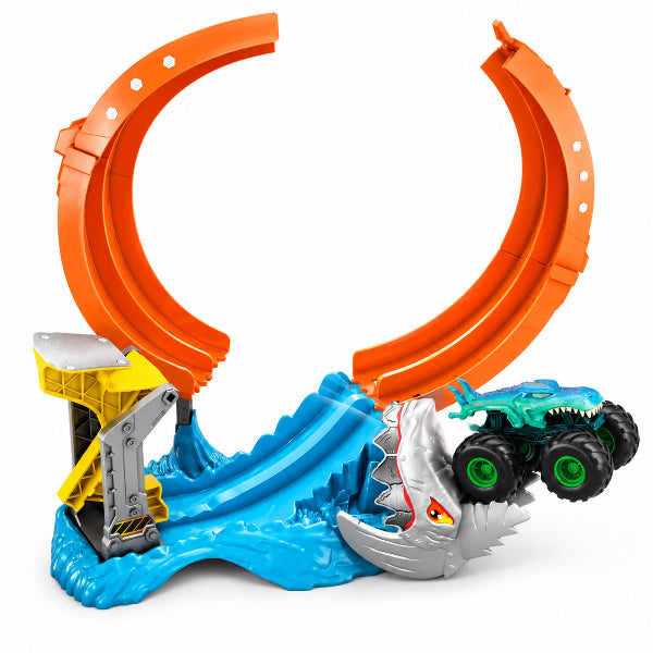Hot Wheels Monster Trucks Corkscrew Shark Smash Track Set With 1:64 Scale Mega-Wrex Toy Truck alternate