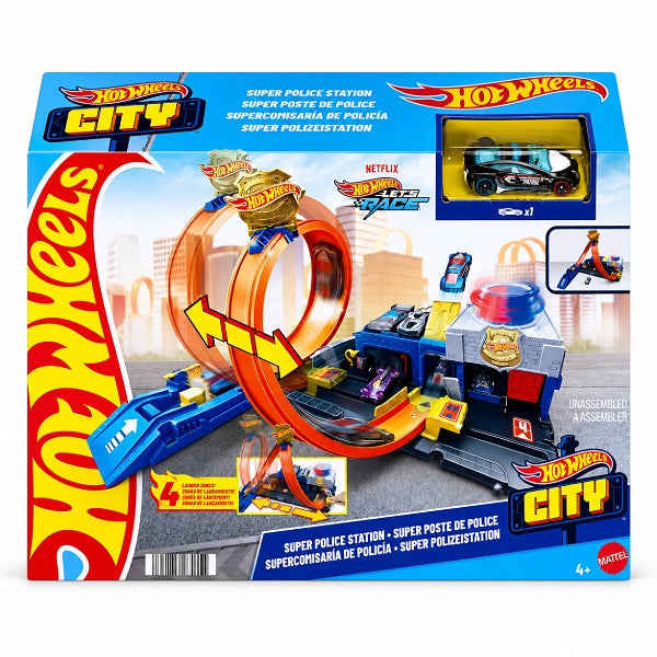 Hot Wheels City Super Police Station Track Set With 1:64 Scale Die-Cast Police Car