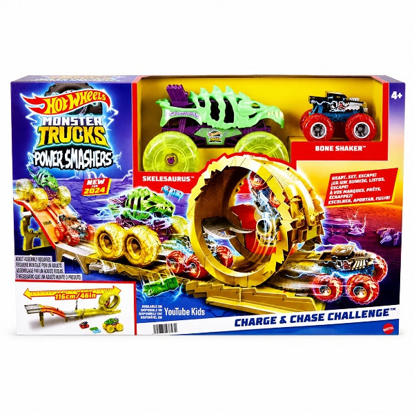 Hot Wheels Monster Trucks Power Smashers Destruction Race & Chase Playset With Skelesaurus & Bone Shaker
