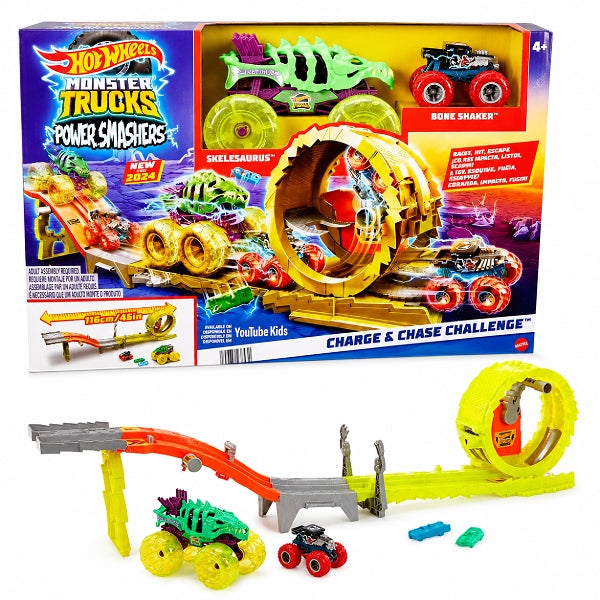 Hot Wheels Monster Trucks Power Smashers Destruction Race & Chase Playset With Skelesaurus & Bone Shaker alternate