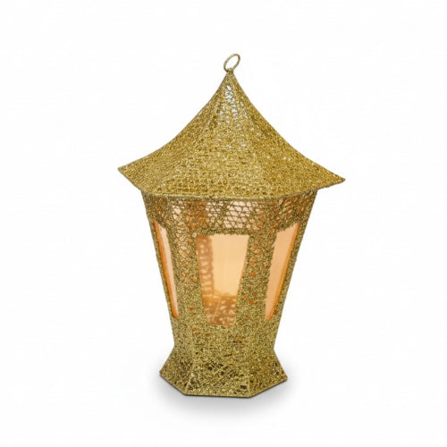 Ramadan Gold Glitter Battery-Operated Hanging Lantern with LED Light