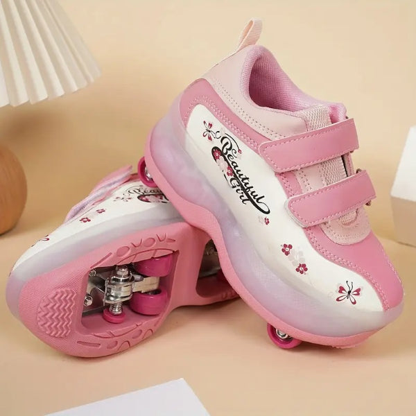 2-In-1 Light Up Skating Shoes With Double Wheels-32 Size -Pink