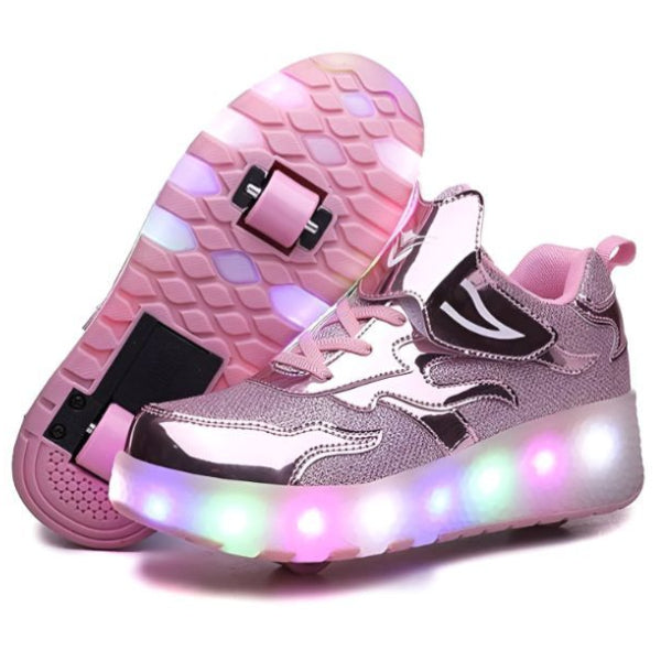 Double-Wheeled Shiny Sneaker Skate Shoes With Wheels And Lightning Sole- Size 31 (Pink)