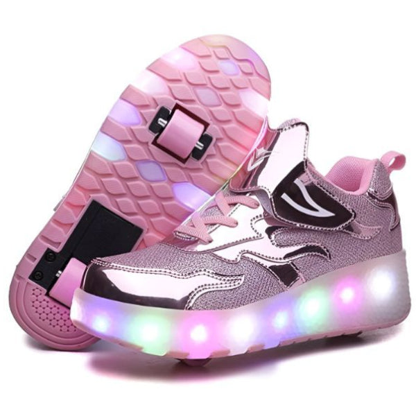 Double-Wheeled Shiny Sneaker Skate Shoes With Wheels And Lightning Sole- Size 30
