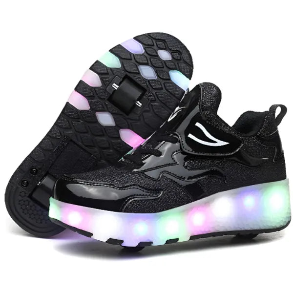 Roller Skate Light up Shoes with Double Wheel -Size 34 (Black)