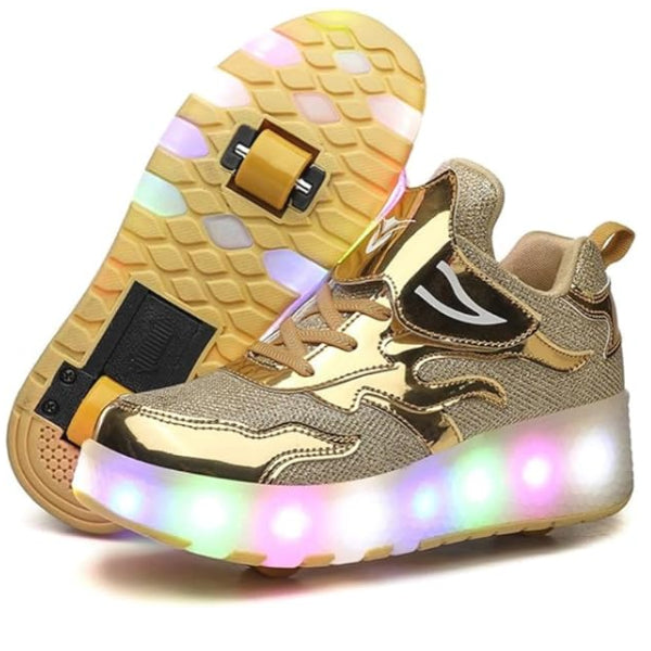 Double-wheeled Shiny Sneaker Skate Shoes With Wheels And Lightning Sole- Gold- Size 36