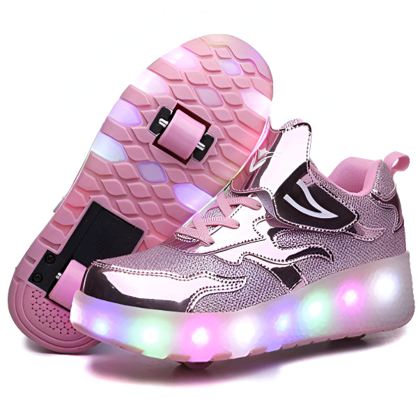 Double-wheeled Shiny Sneaker Skate Shoes With Wheels And Lightning Sole- Pink - Size 34 (SKRS52)