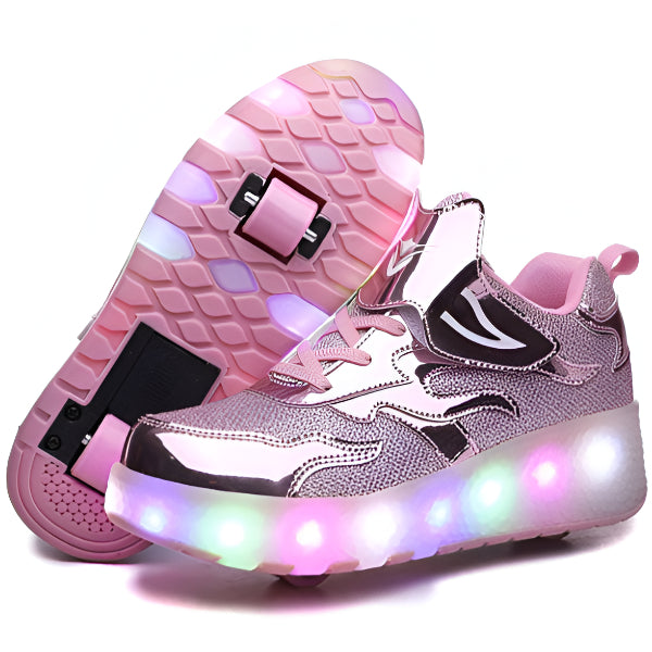 Double-wheeled Shiny Sneaker Skate Shoes With Wheels And Lightning Sole- Pink - Size 33 (SKRS53)