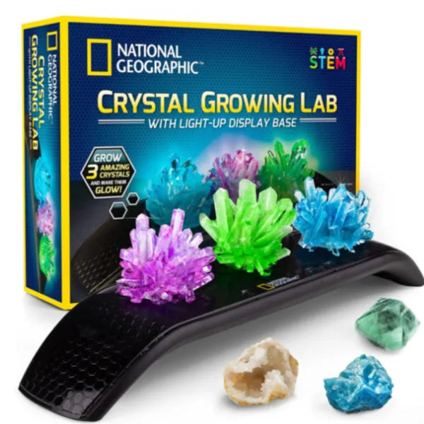 National Geographic Crystal Growing Lab Kit - 3 Vibrant Colored Crystals to Grow with Light-Up Display Stand-Science Toy