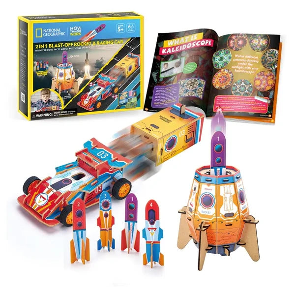 National Geographic 2-In-1 Blast-Off Rocket & Racing Car Stem Kit, Science Building Set, Age 5+