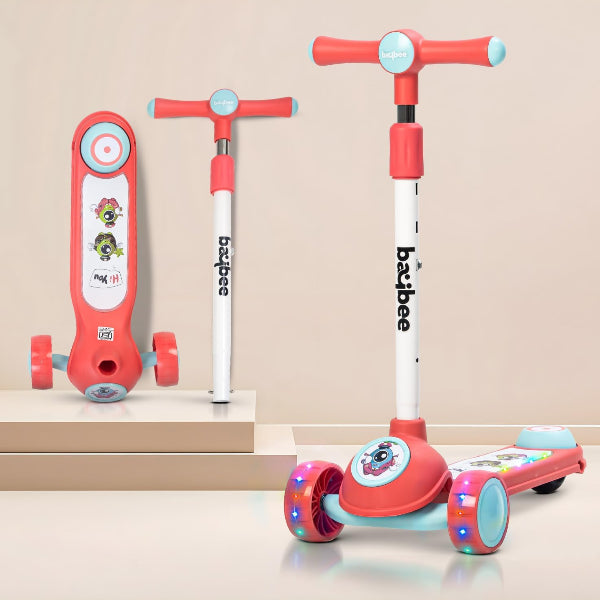 Baybee Sonic 3-Wheel Kids Scooter – Stylish & Safe Ride-On Scooter For Kids With Smooth Steering, Stable Design & Durable Build For Boys & Girls - Red Color